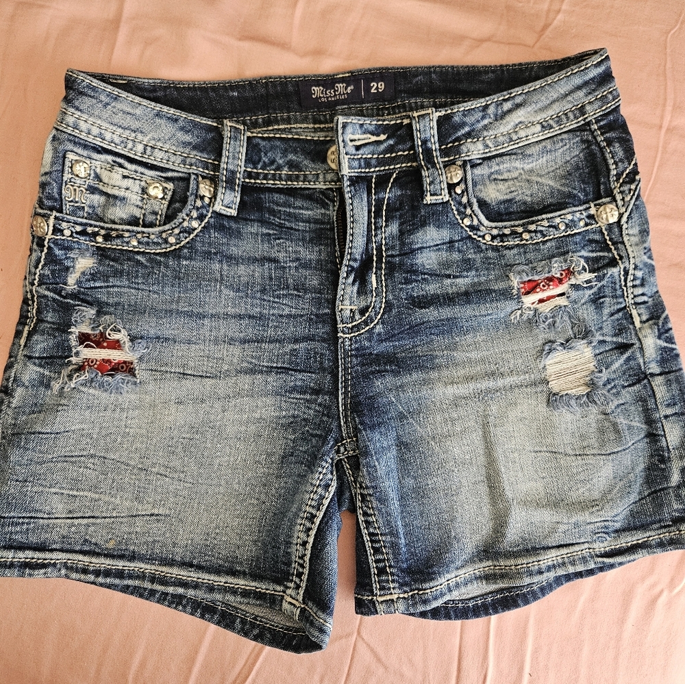 Miss Me Blue Jean Shorts with Red Accents